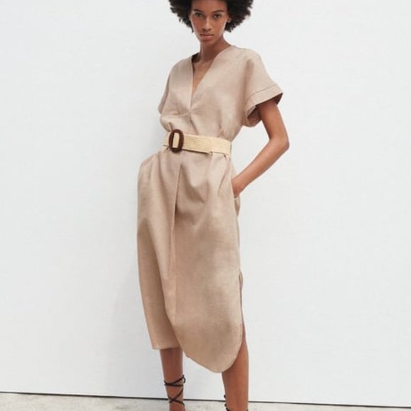 Zara Belted Tunic Dress, Beige Linen - Picture 2 of 9